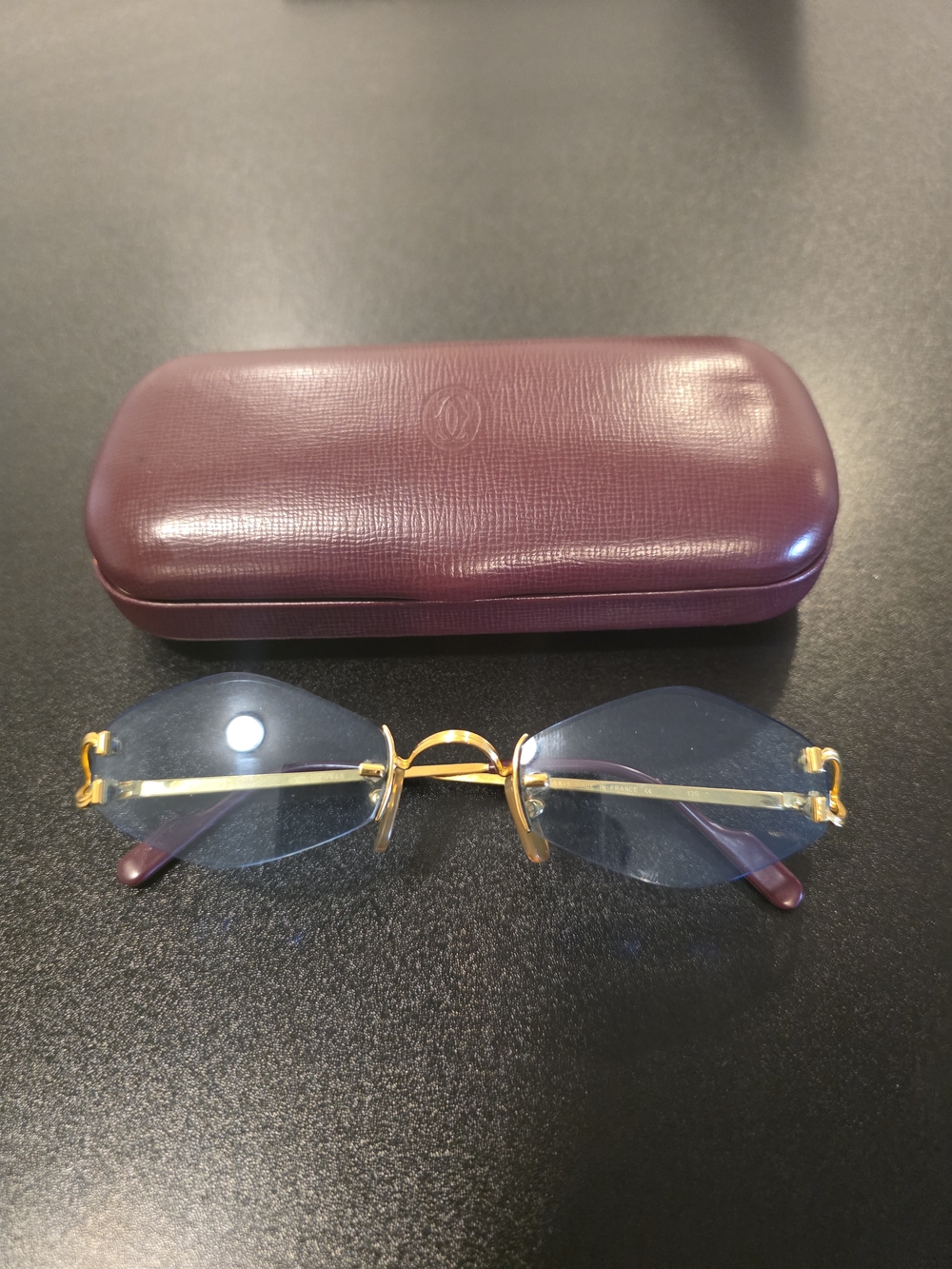 Cartier C vintage Rimless Gold-Accent Blue Lens Sunglasses - Unisex.